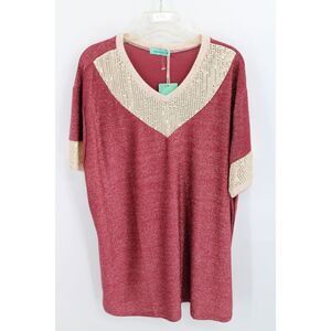 SUNSHINE AND RODEOS 3XL ALWAYS MAKE NEW PLANS TOP MAROON GLITR GOLD SEQUINS NWT